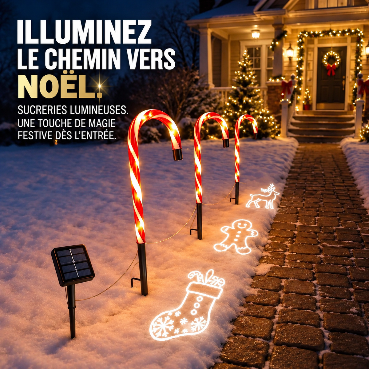Projecteur Solaire Canne en Sucre pour Allée – Éclairage Extérieur de Noël