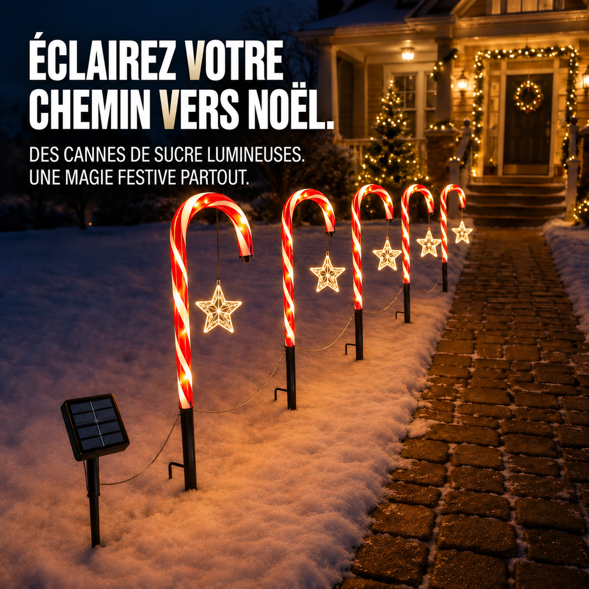 Projecteur Solaire Canne en Sucre pour Allée – Éclairage Extérieur de Noël