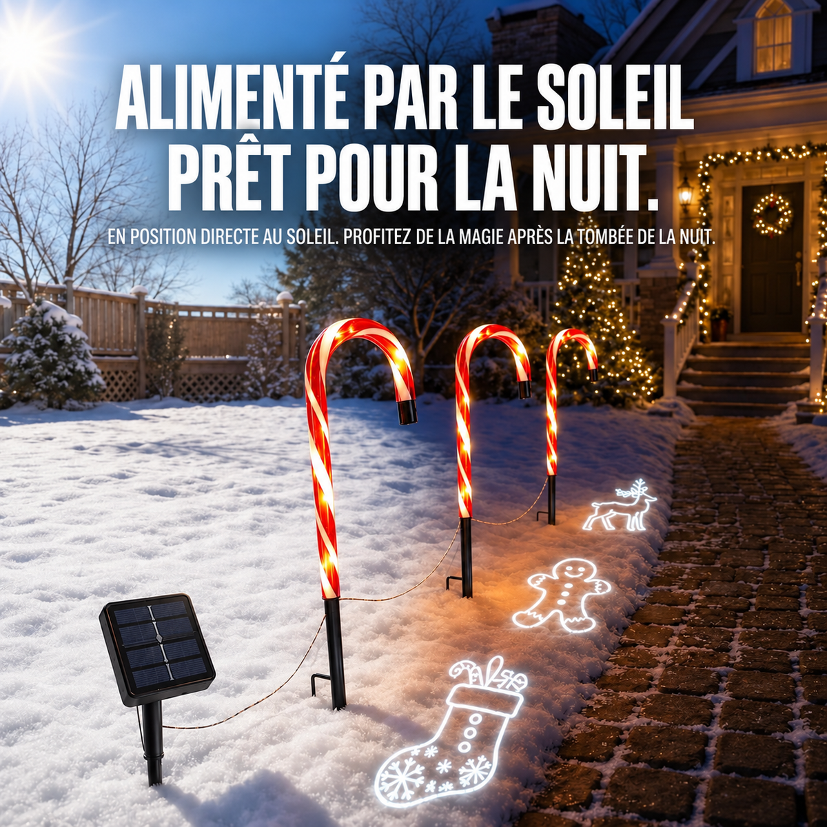 Projecteur Solaire Canne en Sucre pour Allée – Éclairage Extérieur de Noël