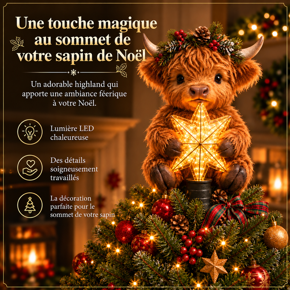 Étoile de Noël en forme de bébé vache Highland avec étoile lumineuse