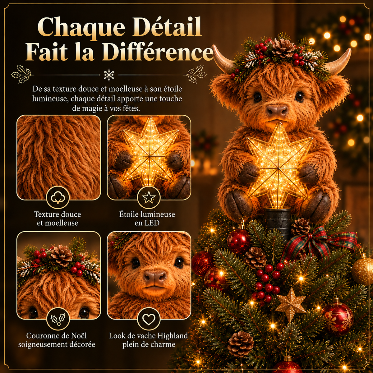 Étoile de Noël en forme de bébé vache Highland avec étoile lumineuse