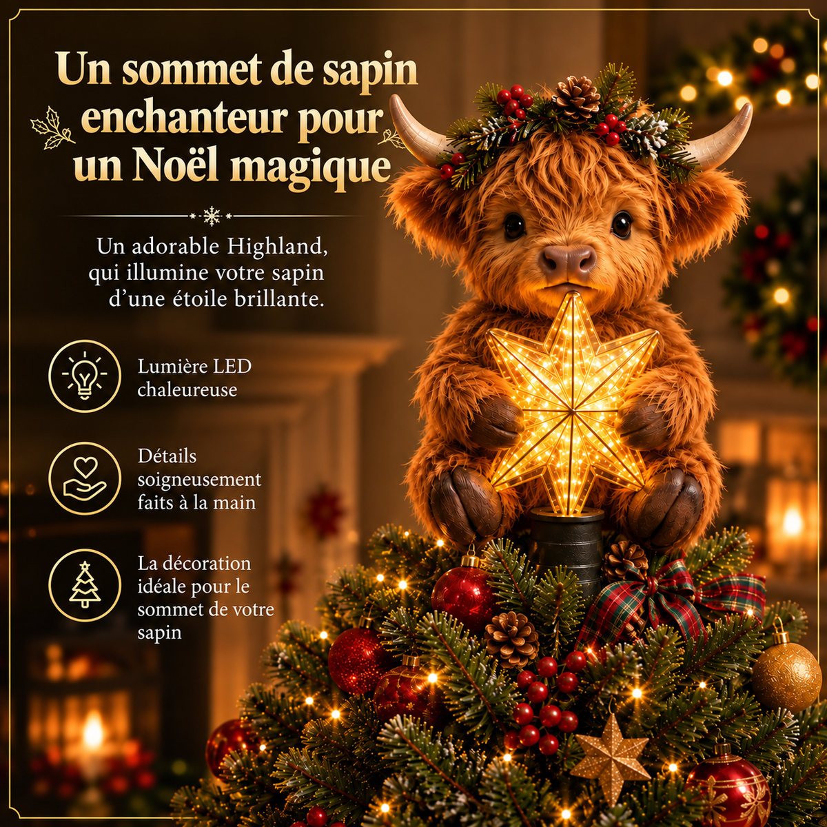 Étoile de Noël en forme de bébé vache Highland avec étoile lumineuse