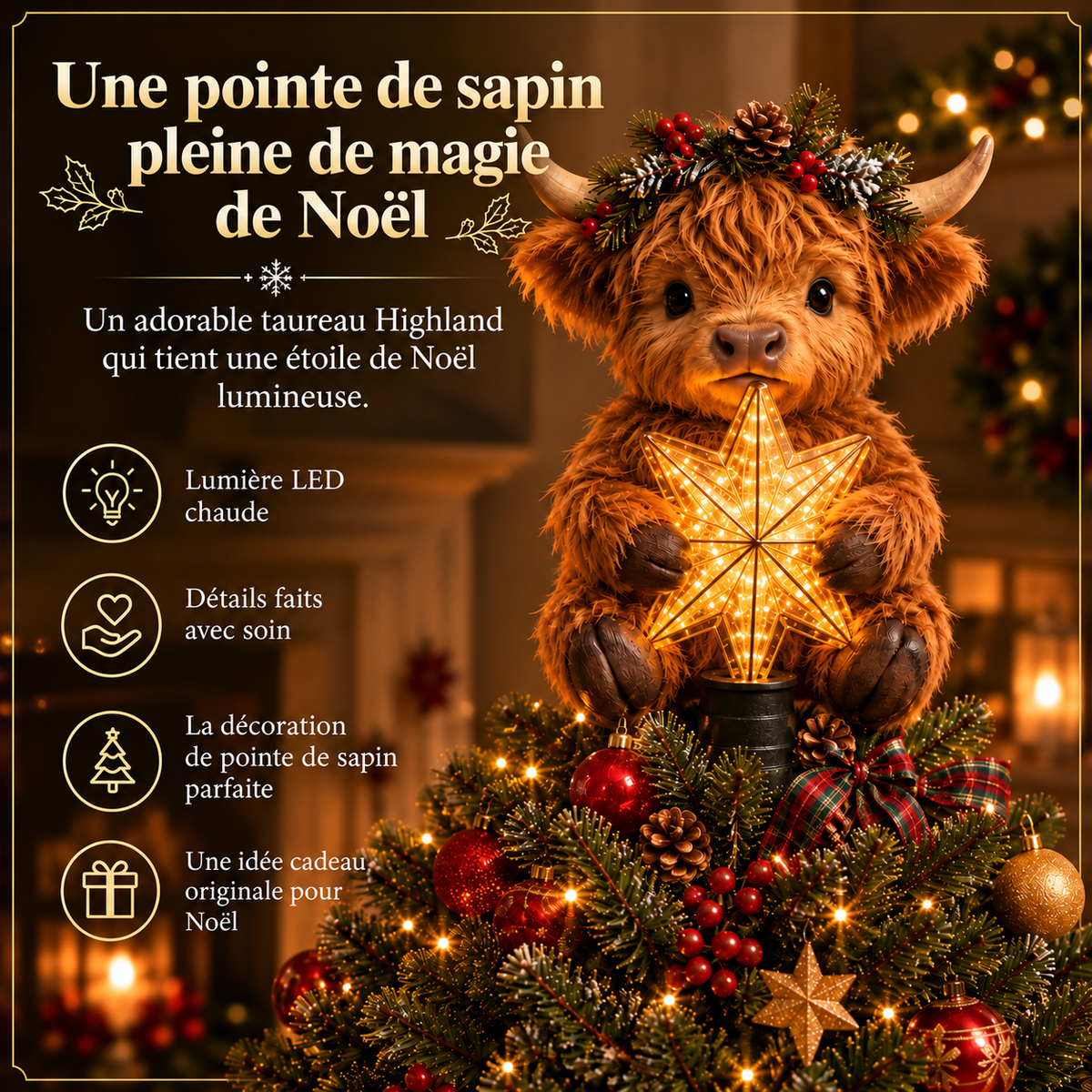 Étoile de Noël en forme de bébé vache Highland avec étoile lumineuse
