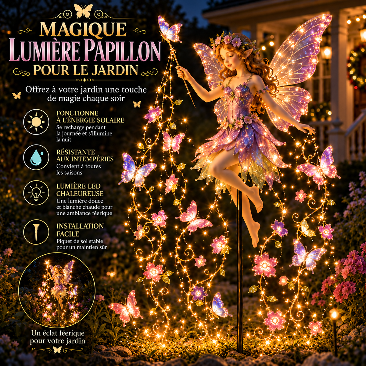 Lanterne de jardin solaire avec fée des fleurs et lumières LED – Éclairage de Noël pour l'extérieur
