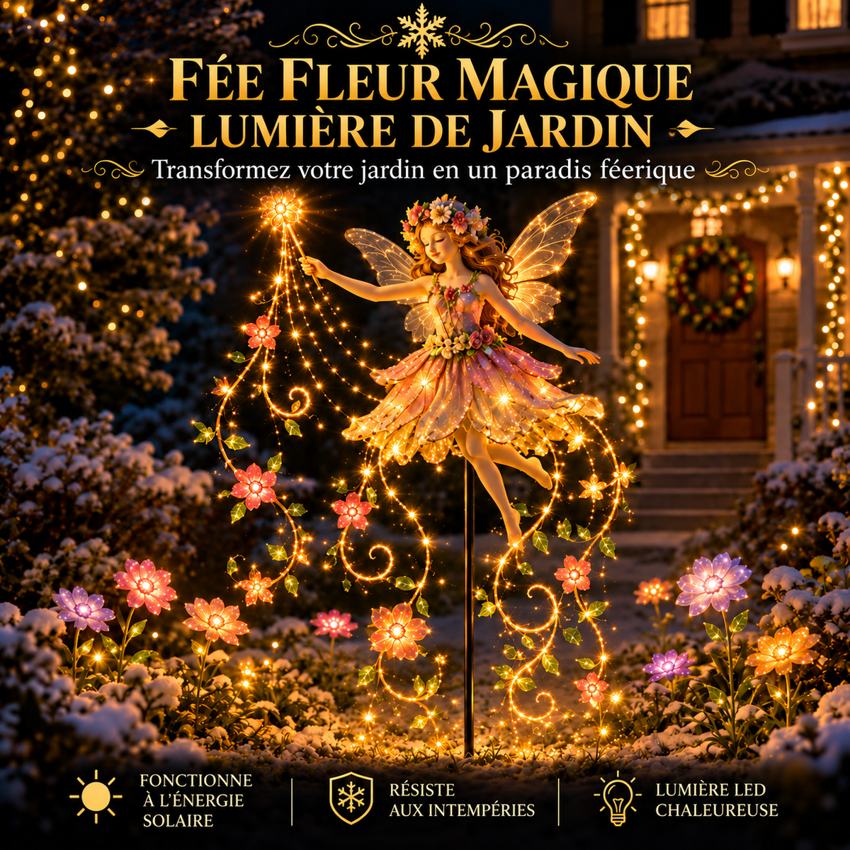 Lanterne de jardin solaire avec fée des fleurs et lumières LED – Éclairage de Noël pour l'extérieur