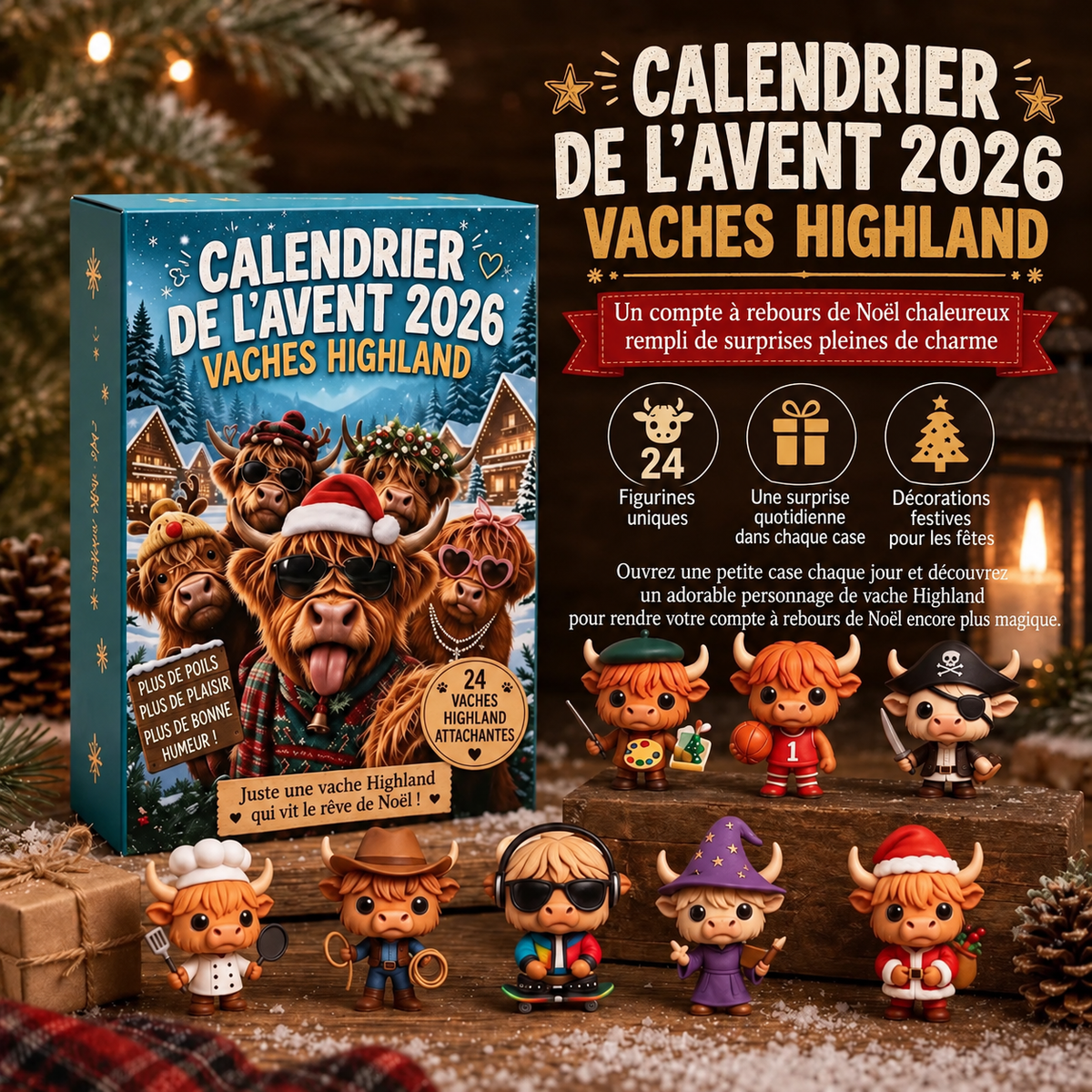 Calendrier de l’Avent Vache des Highlands 2026 avec 24 Figurines – Compte à Rebours de Noël