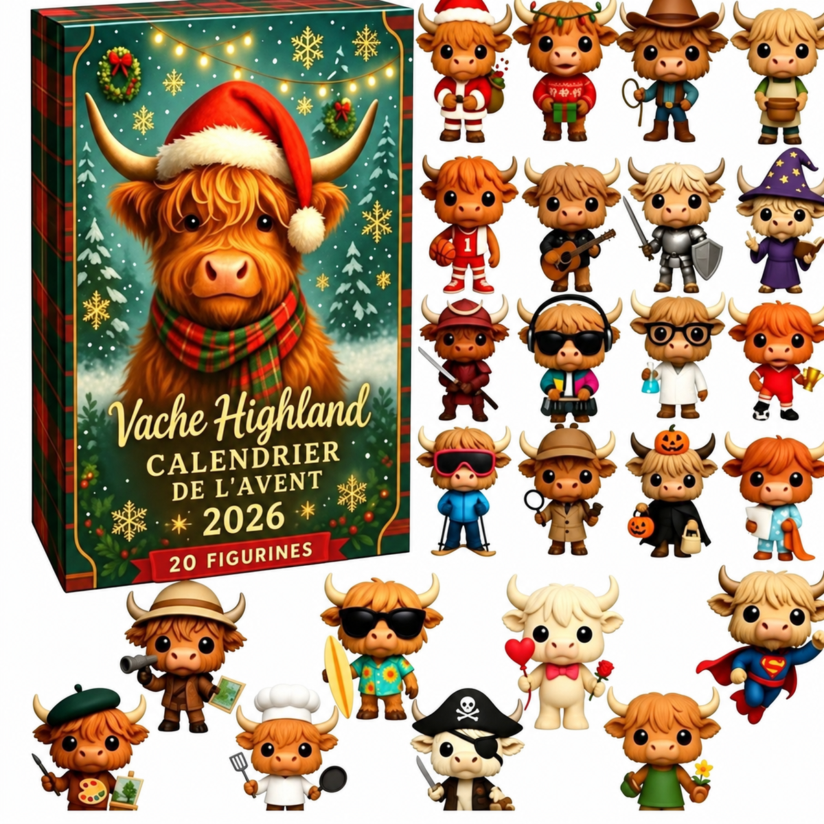 Calendrier de l’Avent Vache des Highlands 2026 avec 24 Figurines – Compte à Rebours de Noël