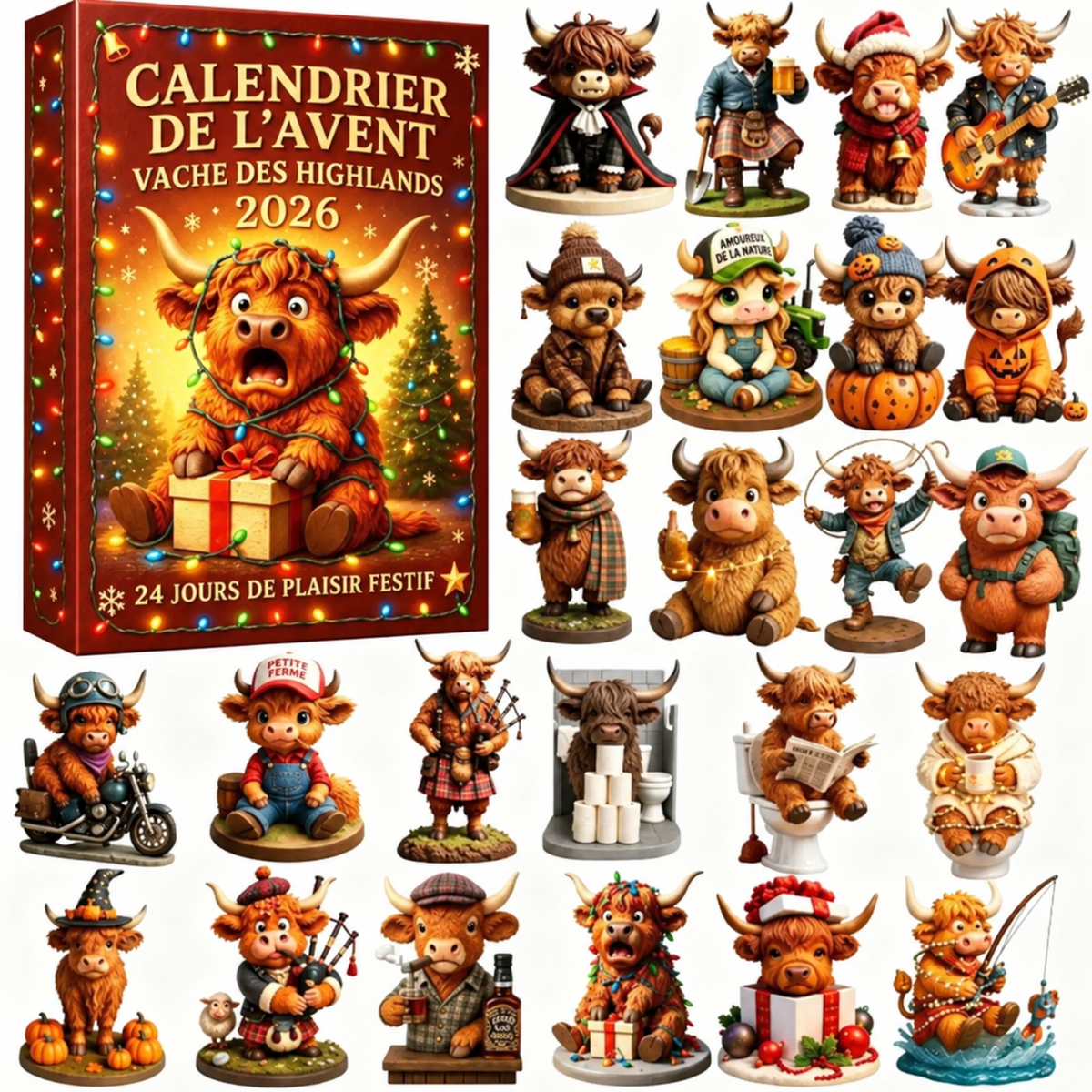 Calendrier de l’Avent Vache des Highlands 2026 avec 24 Figurines – Compte à Rebours de Noël