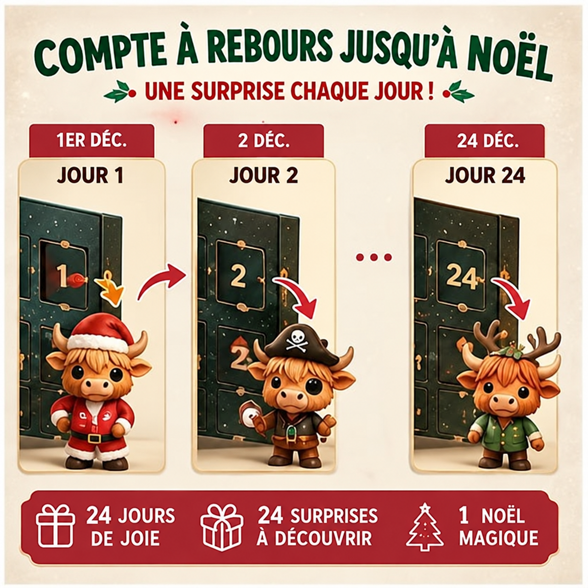 Calendrier de l’Avent Vache des Highlands 2026 avec 24 Figurines – Compte à Rebours de Noël