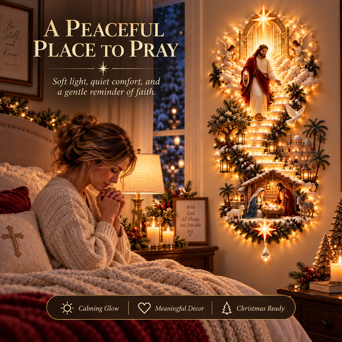 Décoration murale lumineuse Lumière du Ciel – Crèche 3D avec Jésus ou Ange
