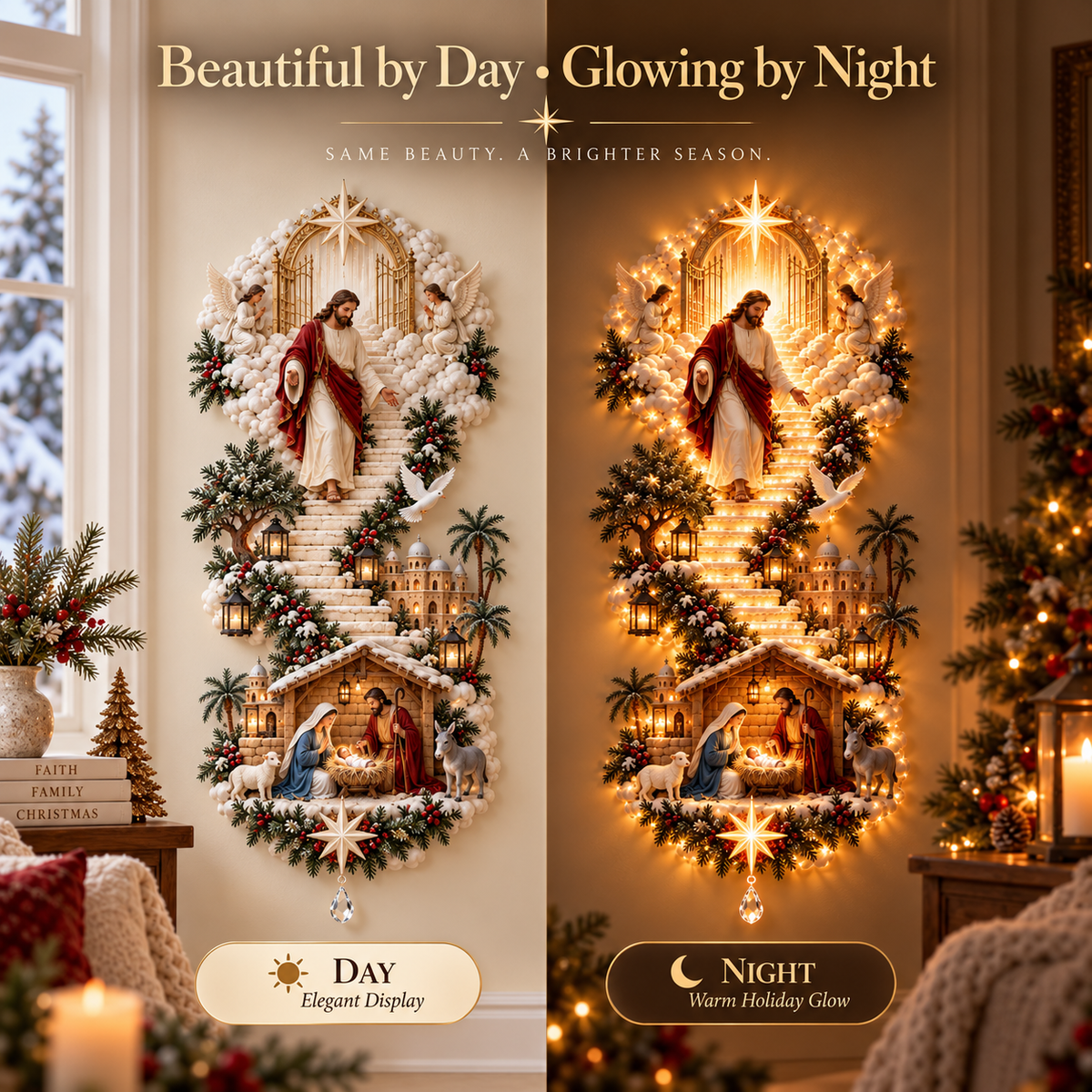 Décoration murale lumineuse Lumière du Ciel – Crèche 3D avec Jésus ou Ange