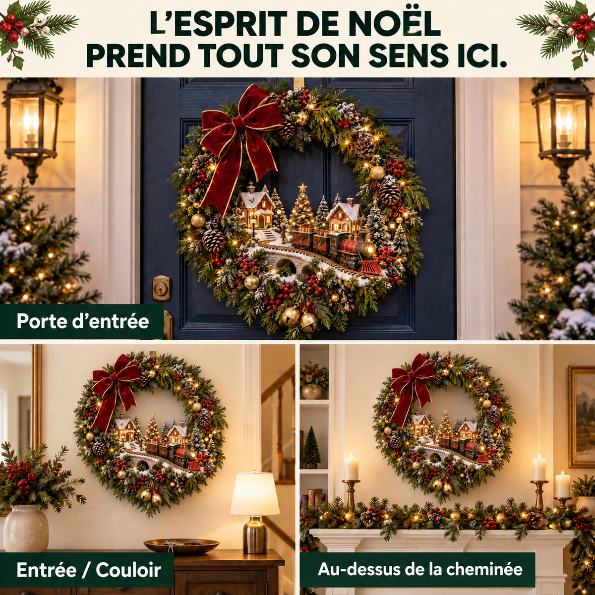 Couronne de Noël Lumineuse avec Train et Village