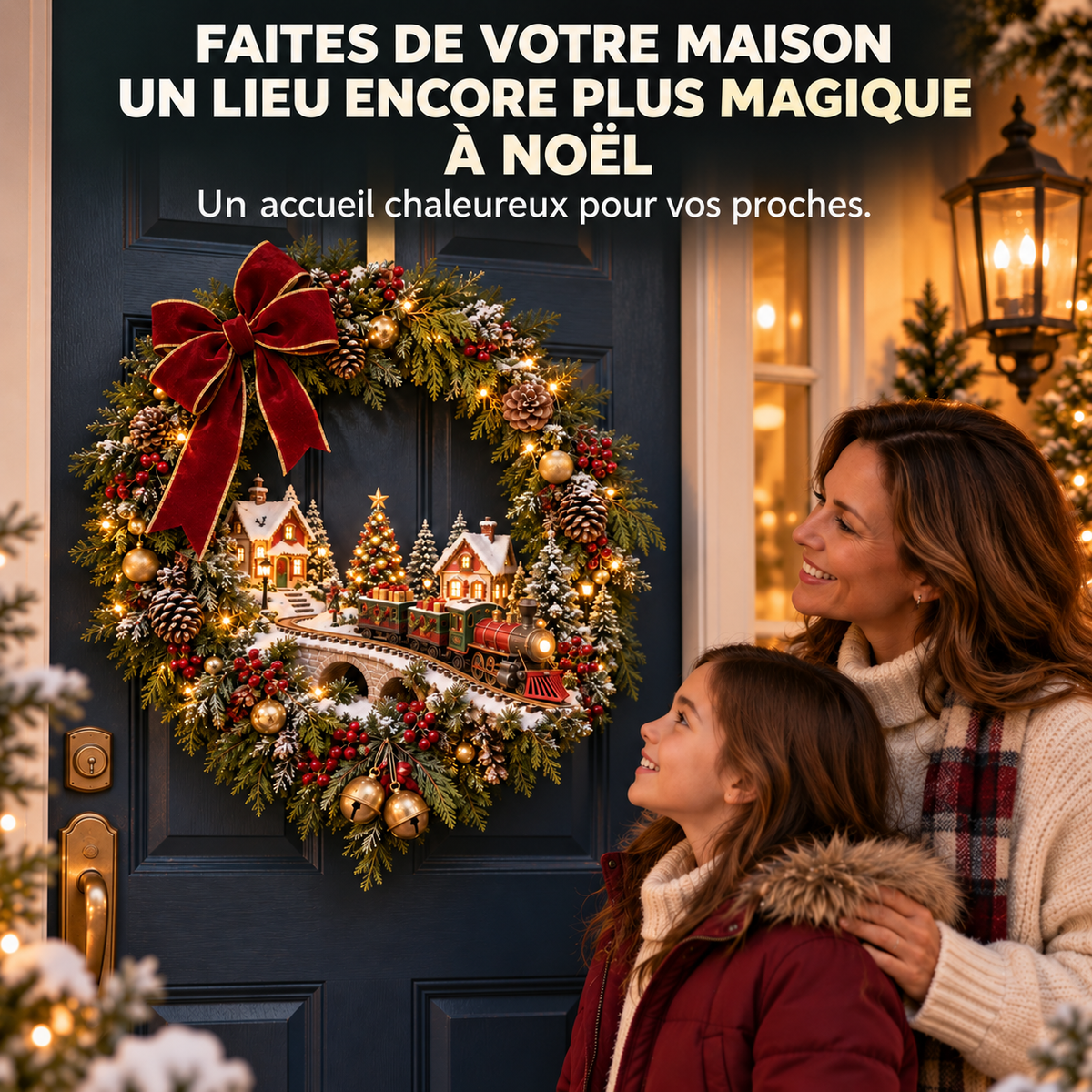 Couronne de Noël Lumineuse avec Train et Village