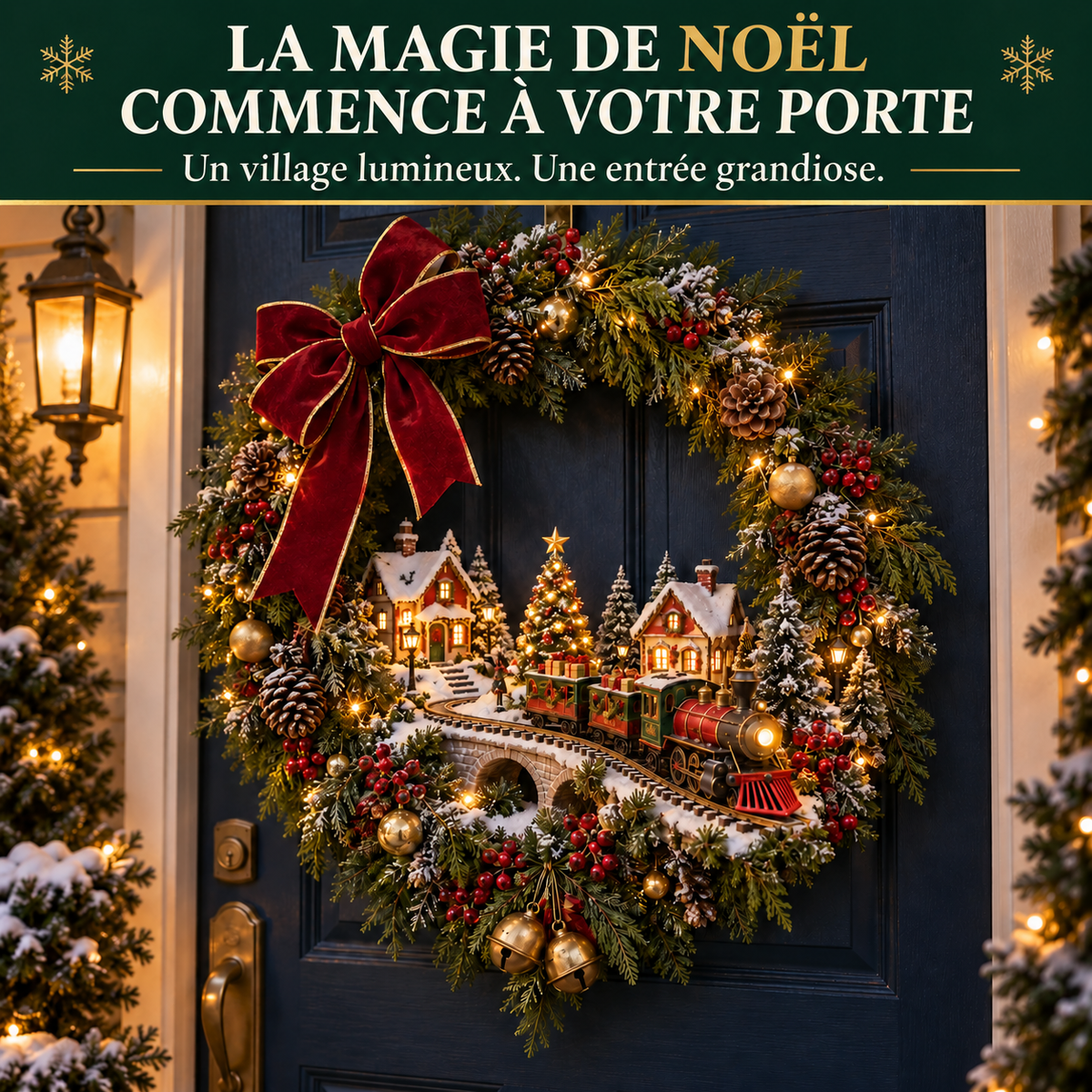 Couronne de Noël Lumineuse avec Train et Village