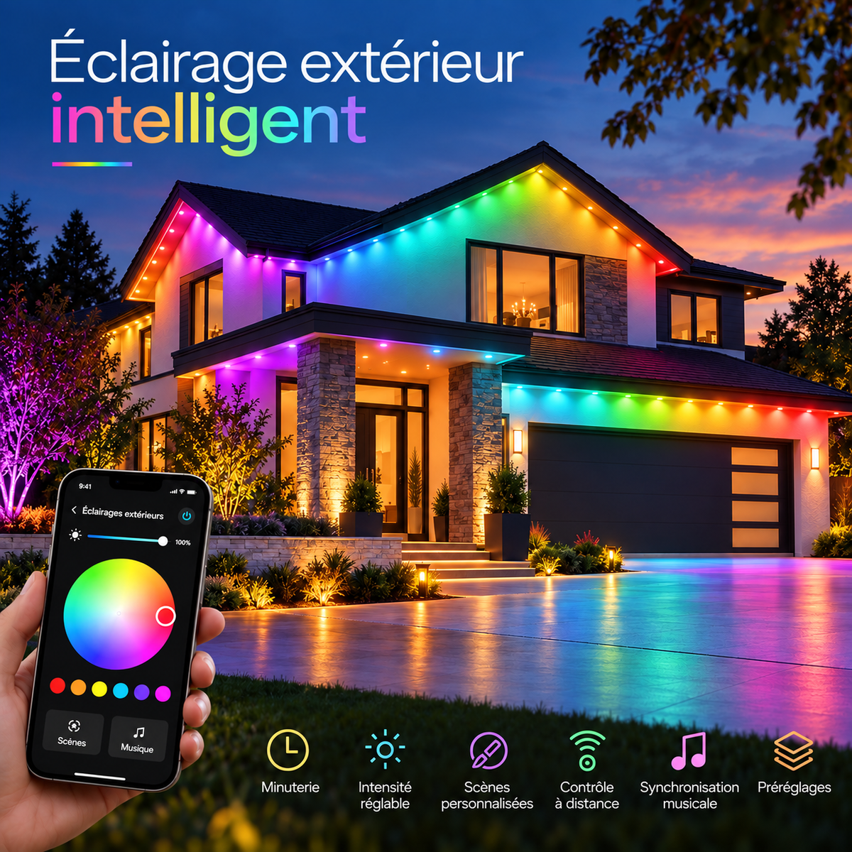 Lumière LED Extérieure Permanente Multicolore Intelligente