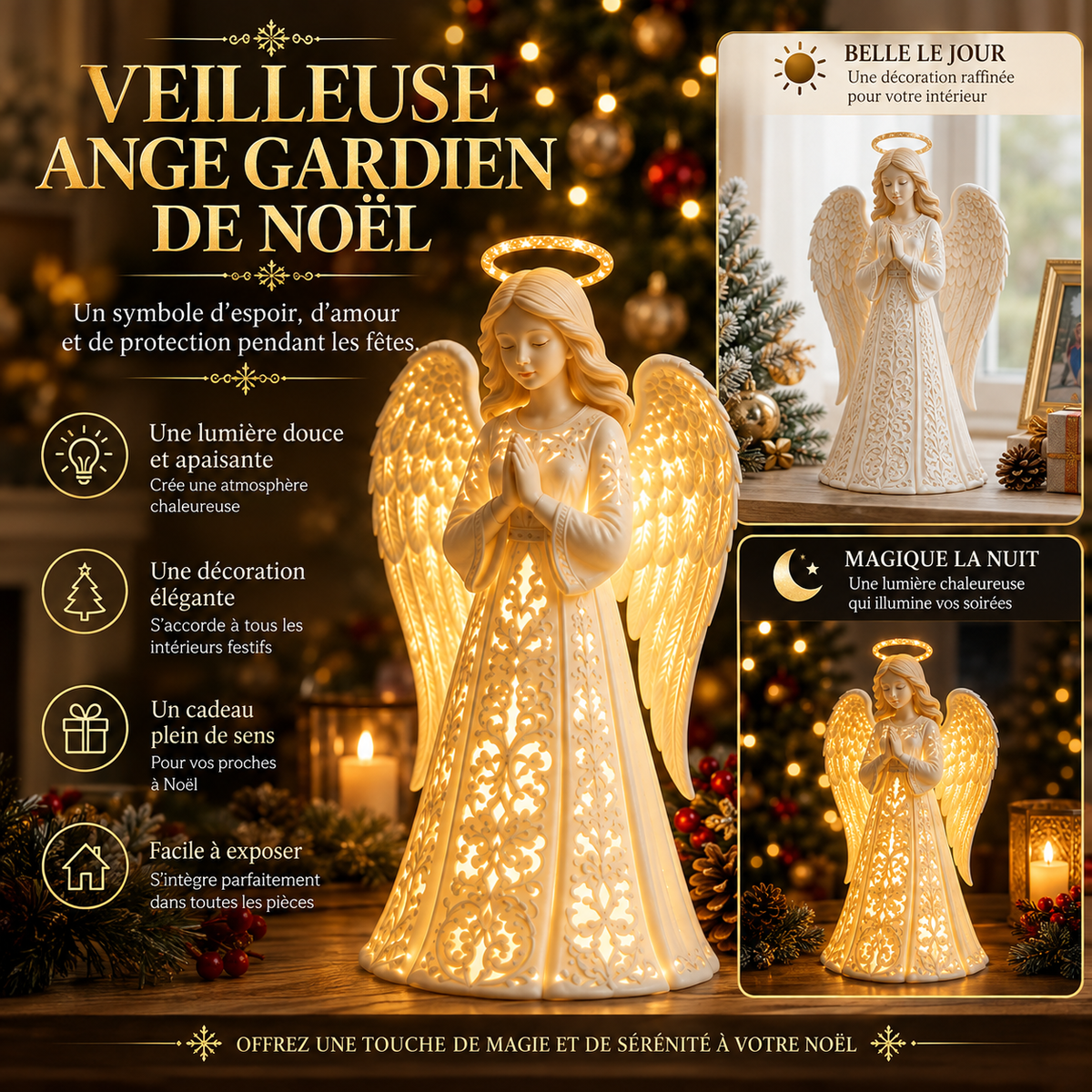 Veilleuse Ange Gardien de Noël avec Lumière Tamisée et Finition Dorée