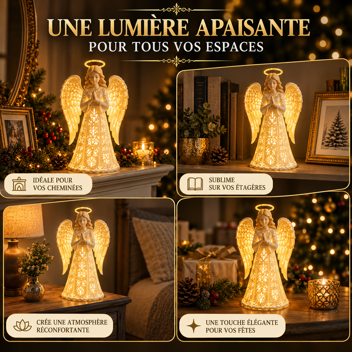 Veilleuse Ange Gardien de Noël avec Lumière Tamisée et Finition Dorée