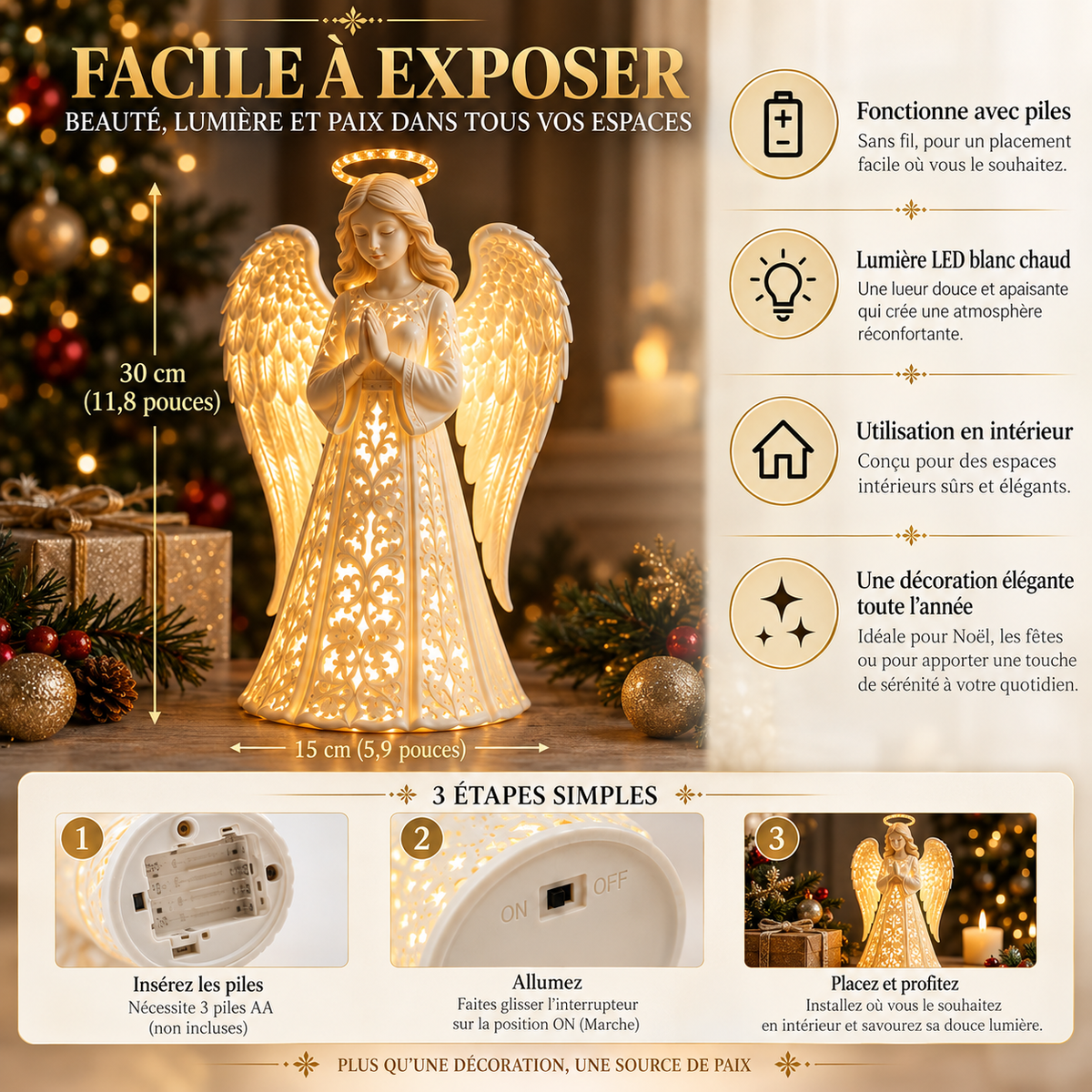 Veilleuse Ange Gardien de Noël avec Lumière Tamisée et Finition Dorée