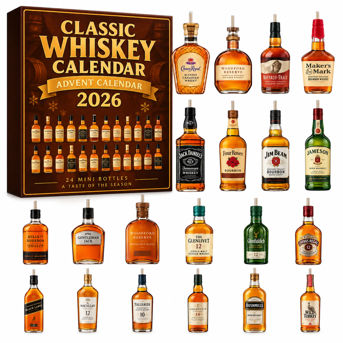 Calendrier de l'Avent Whisky Classique 2026 - 24 Mini Bouteilles Décoratives Élégantes