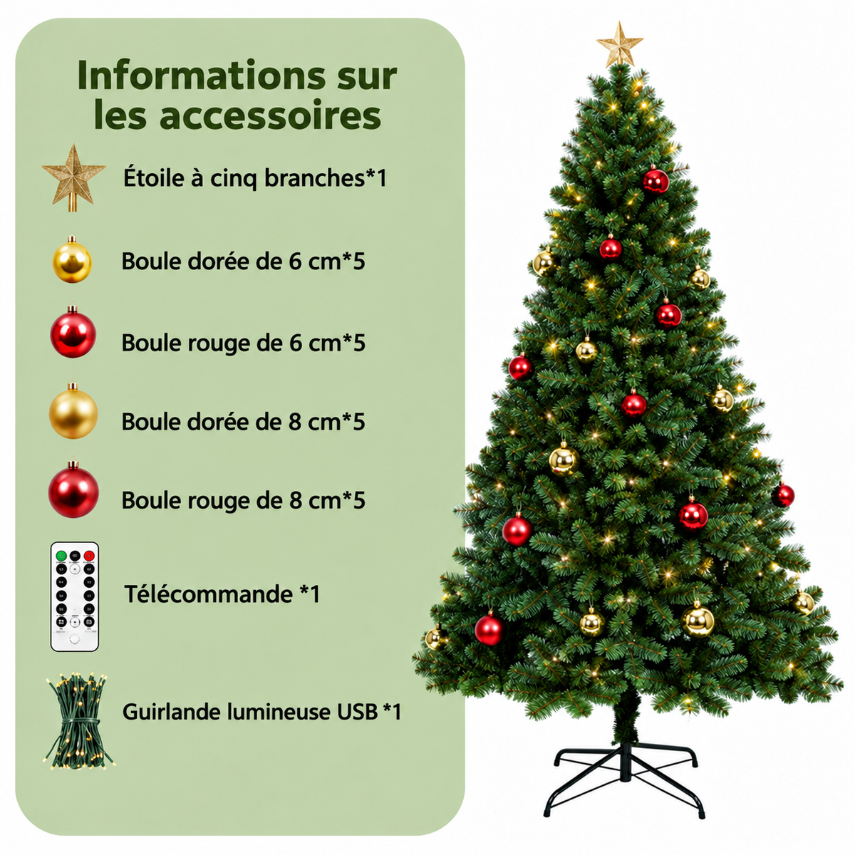 Sapin de Noël Artificiel 6-7 Pieds avec Lumières Blanches et Branches à Charnière