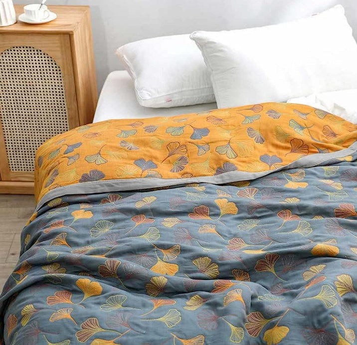 Couette | Motif Réversible Feuilles de Ginkgo, Jaune et Bleu 1