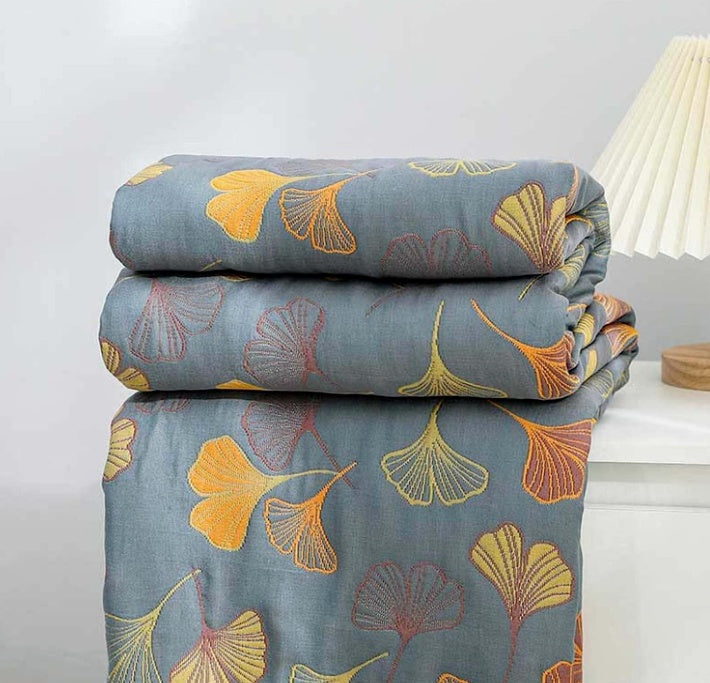 Couette | Motif Réversible Feuilles de Ginkgo, Jaune et Bleu 2