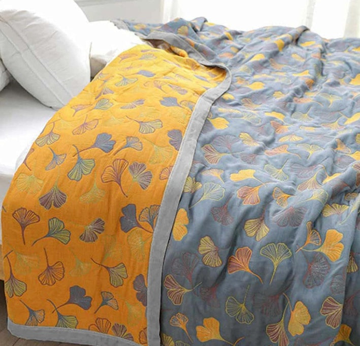 Couette | Motif Réversible Feuilles de Ginkgo, Jaune et Bleu 3