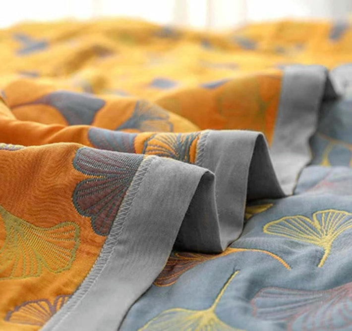Couette | Motif Réversible Feuilles de Ginkgo, Jaune et Bleu 4
