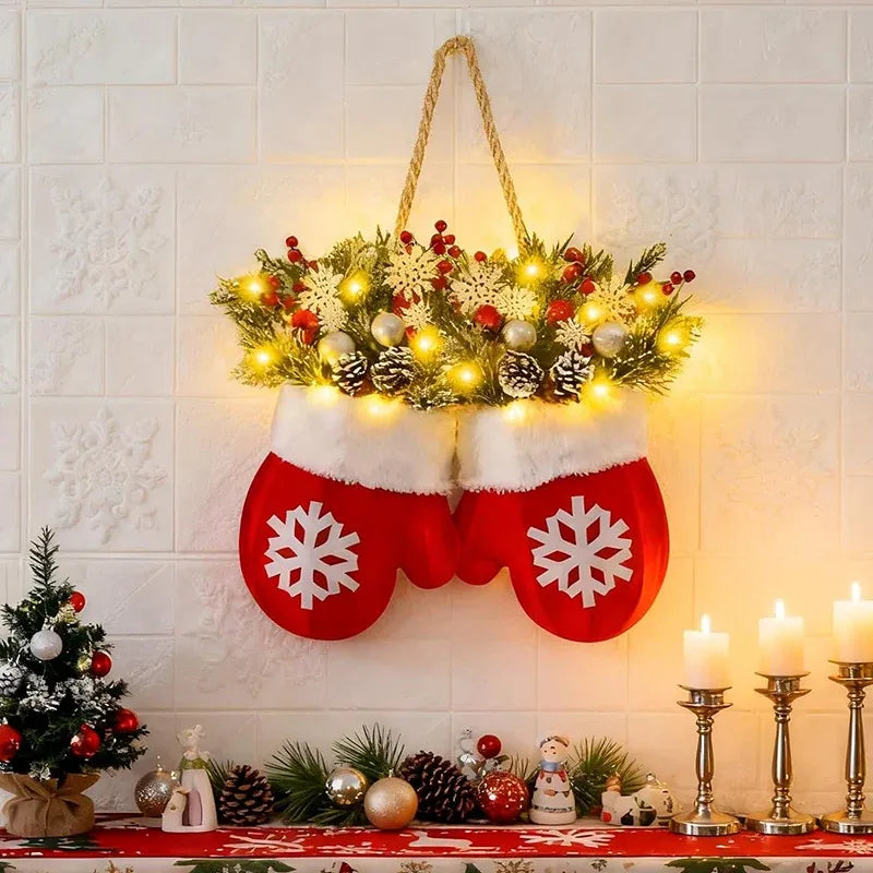 Couronne de Noël Clignotante avec Gants Décoratifs pour une Ambiance Festive 3