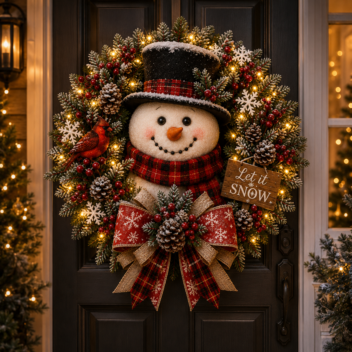 Couronne de Noël Illuminée Bonhomme de Neige pour Porte d'Entrée - Décoration Festive et Lumineuse 0