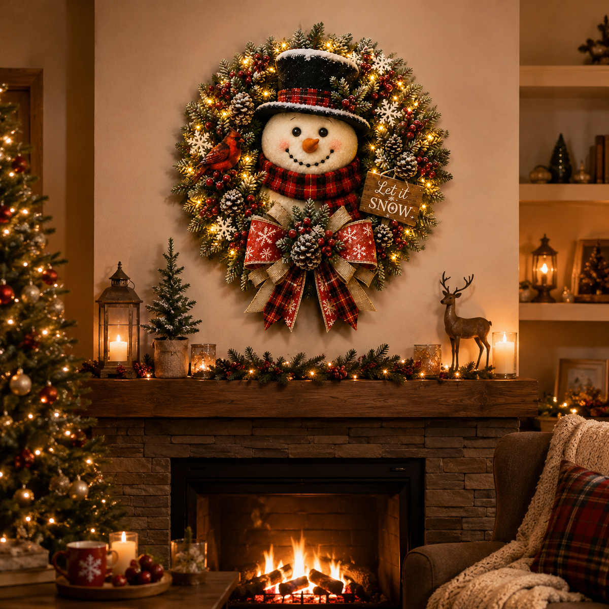 Couronne de Noël Illuminée Bonhomme de Neige pour Porte d'Entrée - Décoration Festive et Lumineuse 1