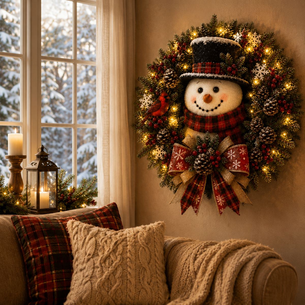 Couronne de Noël Illuminée Bonhomme de Neige pour Porte d'Entrée - Décoration Festive et Lumineuse 5