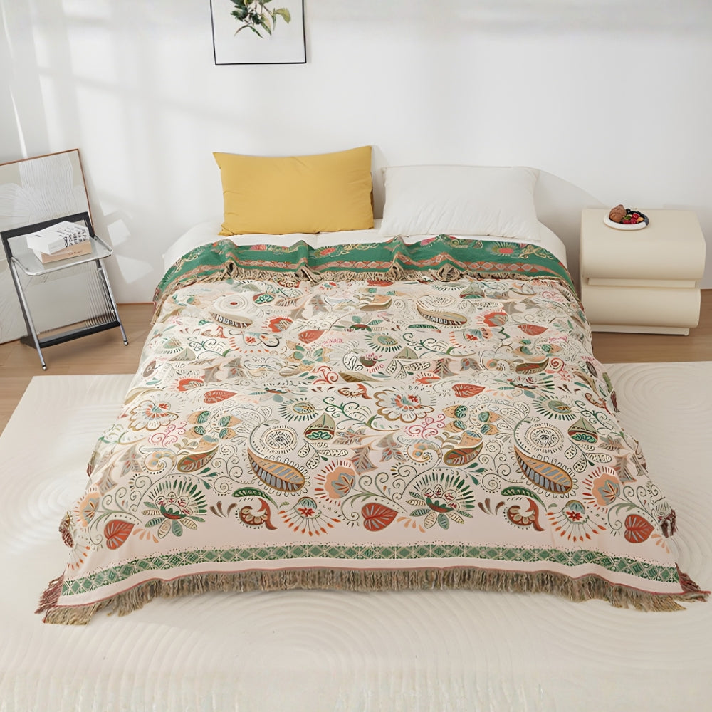 Couverture Réversible | Motif Feuille d’Automne, Bords à Pompons 2