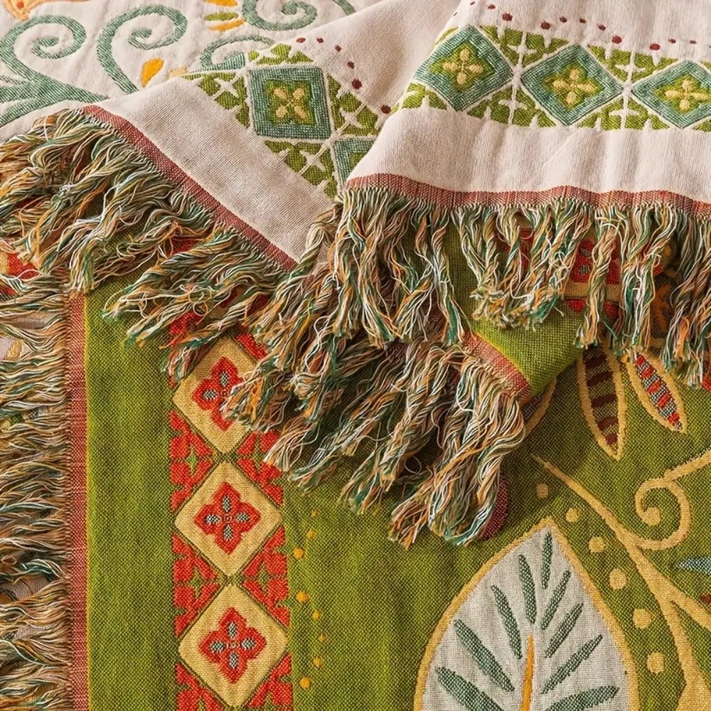 Couverture Réversible | Motif Feuille d’Automne, Bords à Pompons 4