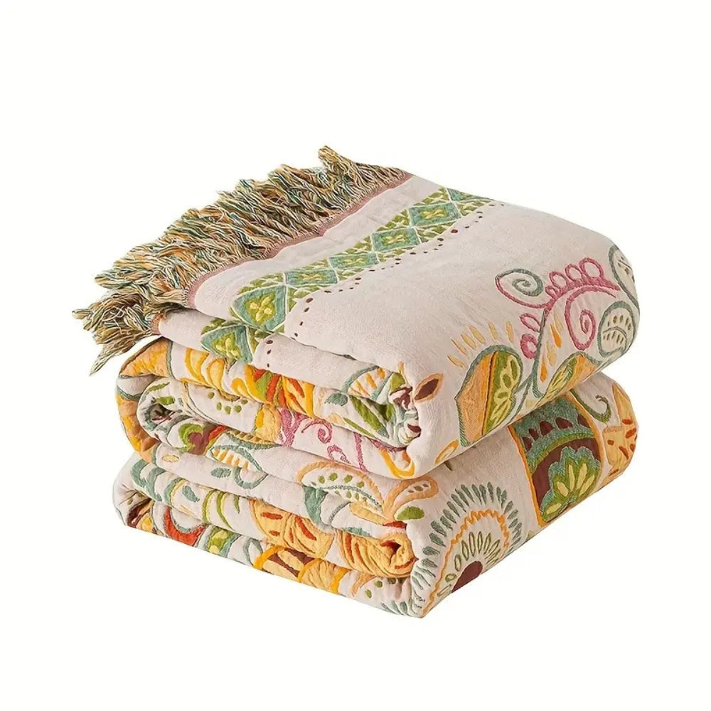 Couverture Réversible | Motif Feuille d’Automne, Bords à Pompons 6