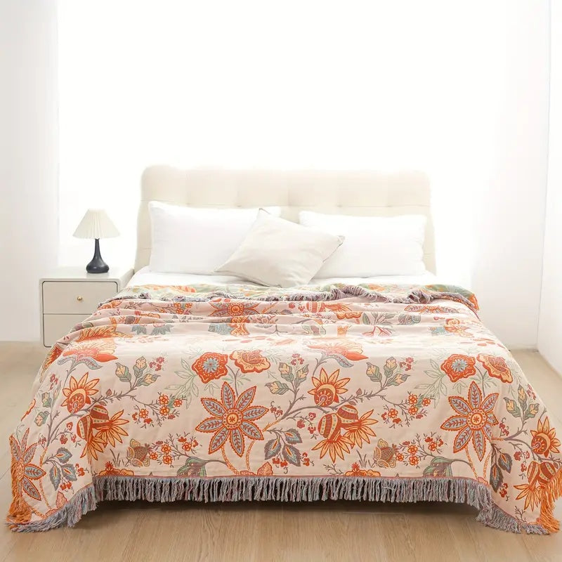 Couverture | Motif Floral Bohème, Franges Décoratives 4