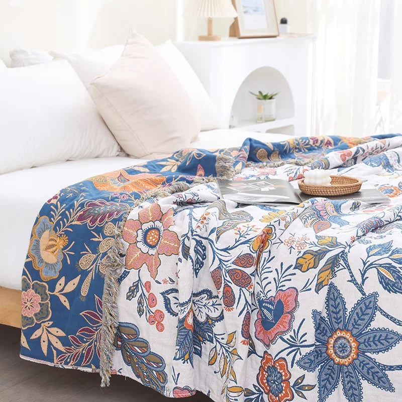 Couverture | Motif Floral Jacquard, Pompons Décoratifs 0