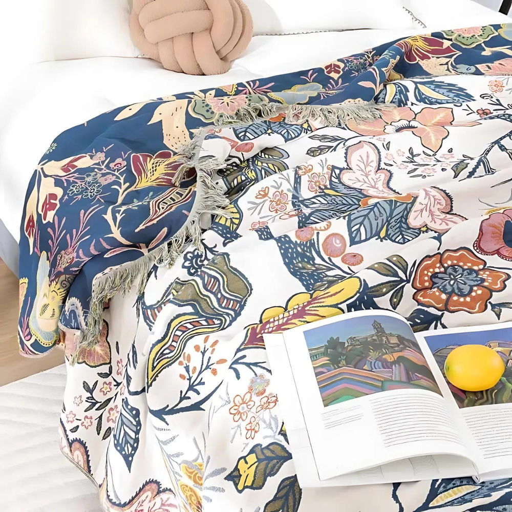 Couverture | Motif Floral Jacquard, Pompons Décoratifs 5