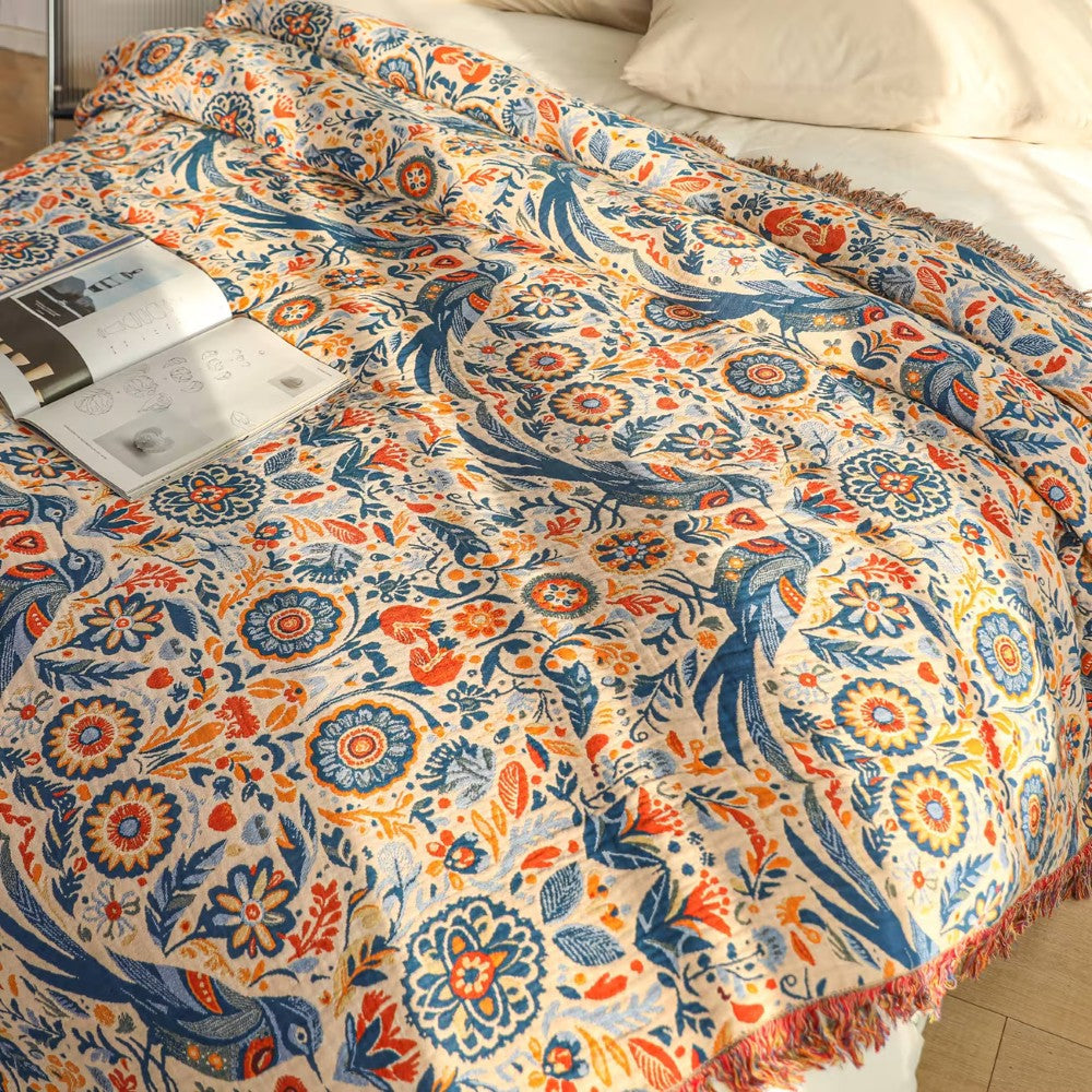 Couverture | Motif Floral et Oiseau, Tissage Léger 0