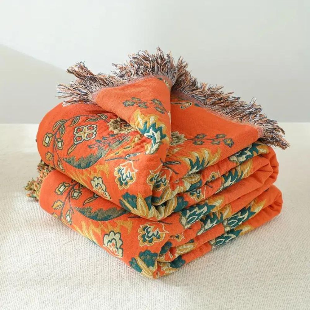 Couverture | Motif floral, Double face orange et bleu sarcelle 0