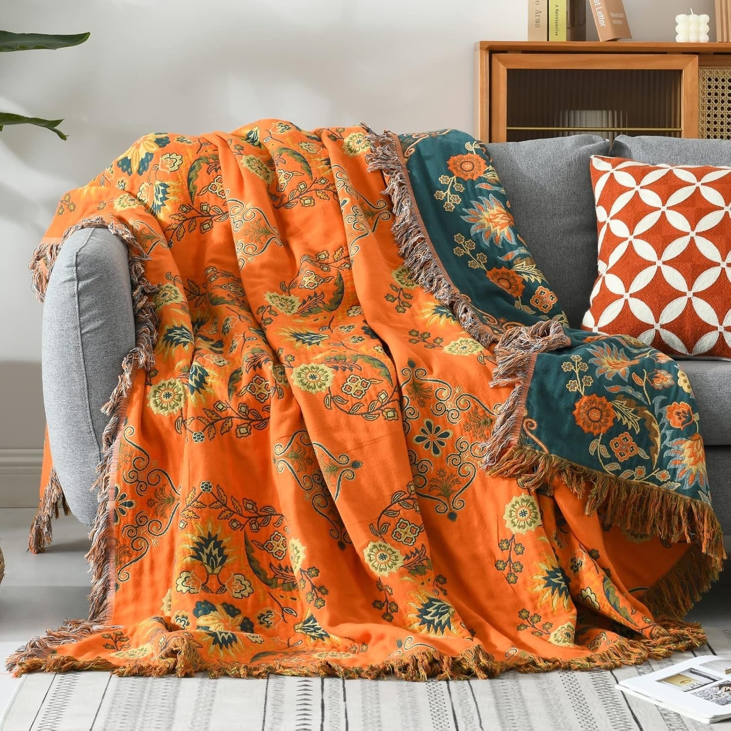 Couverture | Motif floral, Double face orange et bleu sarcelle 1
