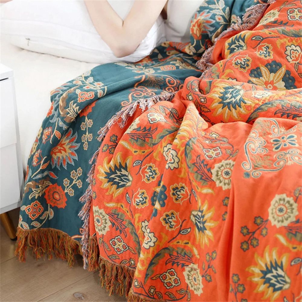 Couverture | Motif floral, Double face orange et bleu sarcelle 2