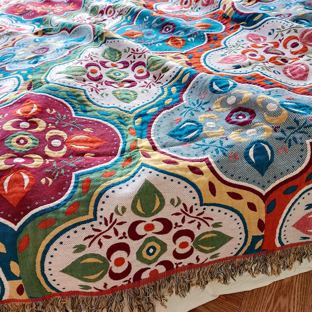 Couverture en Coton | Motif Mosaïque Marocain, Bords à Pampilles 3