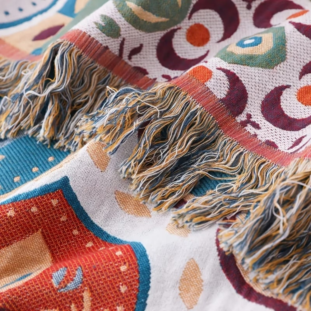 Couverture en Coton | Motif Mosaïque Marocain, Bords à Pampilles 4