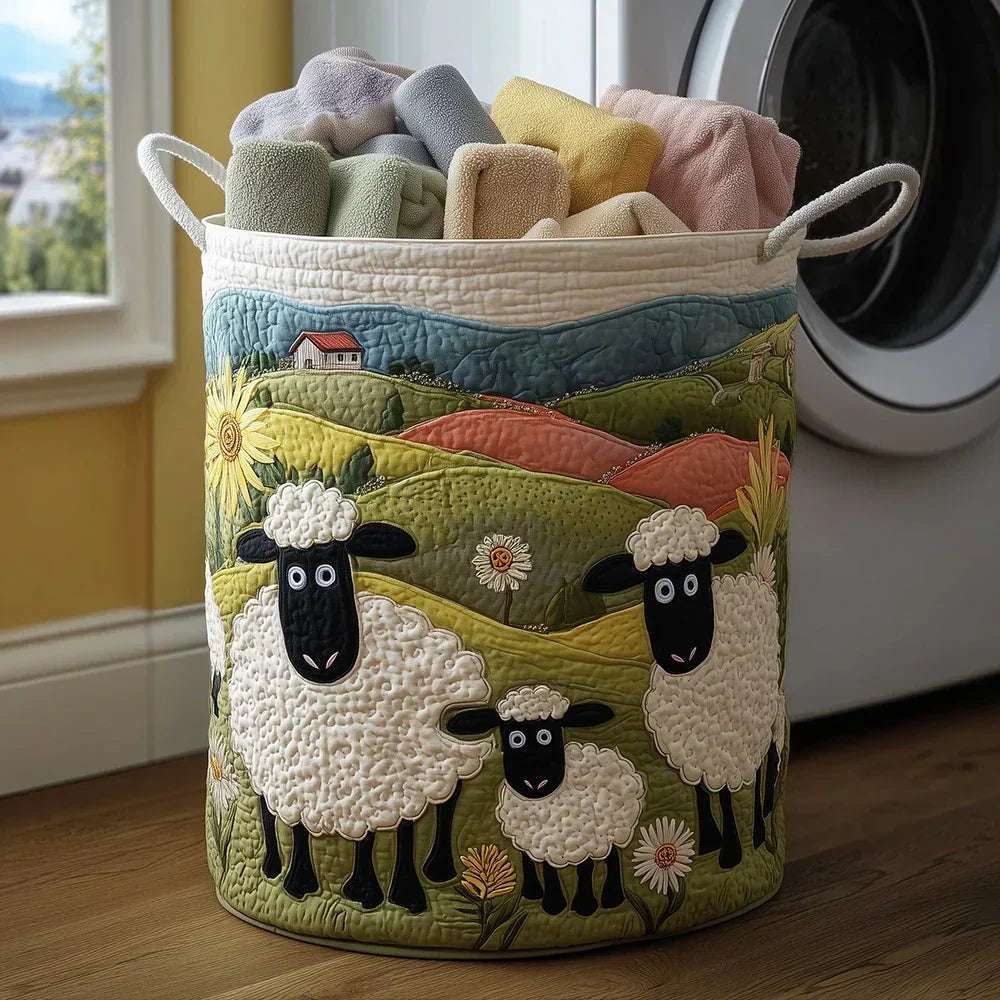 Panier de Rangement Matelassé Coton Écru 46 × 38 cm – Grande Capacité, Poignées Renforcées, Motif Appliqué
