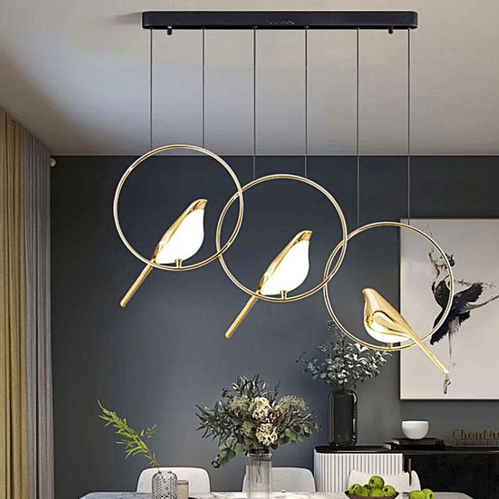 Aurévane – Suspension LED Oiseaux Anneau Doré Salon
