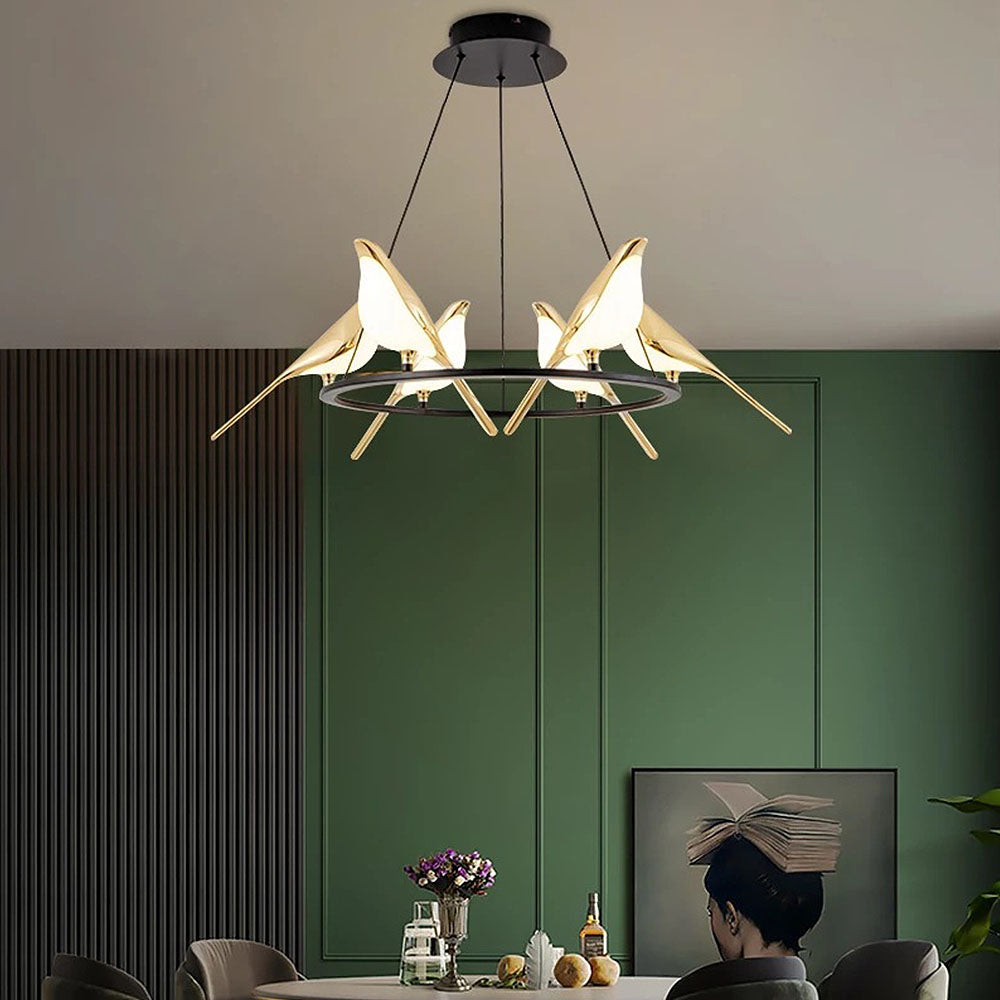 Aurévane – Suspension LED Oiseaux Anneau Doré Salon