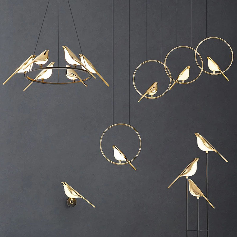 Aurévane – Suspension LED Oiseaux Anneau Doré Salon
