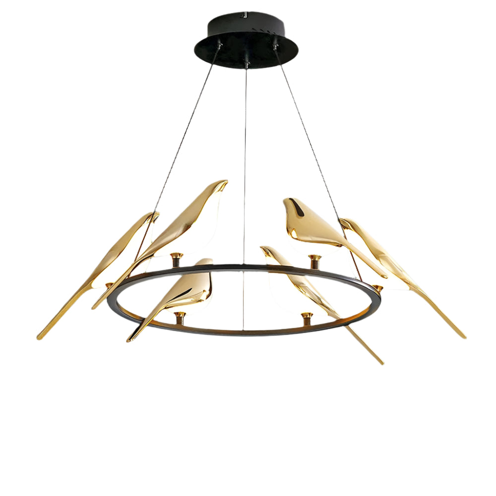 Aurévane – Suspension LED Oiseaux Anneau Doré Salon