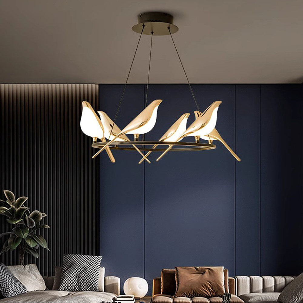 Aurévane – Suspension LED Oiseaux Anneau Doré Salon